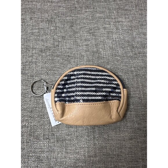 Charming Charlie Womens Girls Keychain Coin Purse Tan & Black Sequin Stripes - Picture 2 of 6